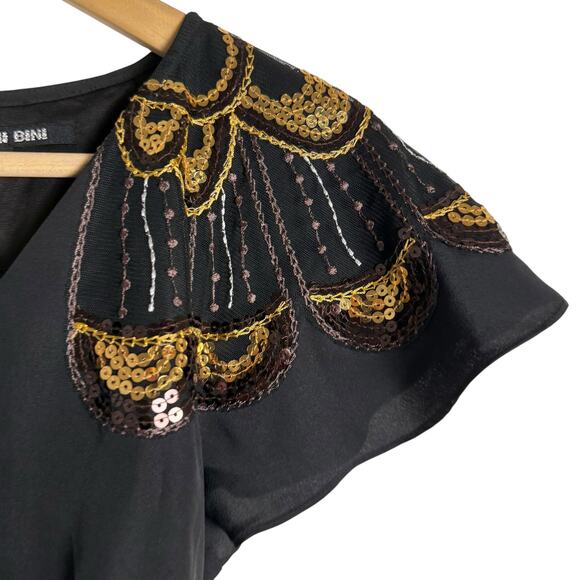 Gianni Bini Black Sequin Embellished Flutter Sleeve V-Neck A-Line Dress Size 2 - Picture 4 of 10